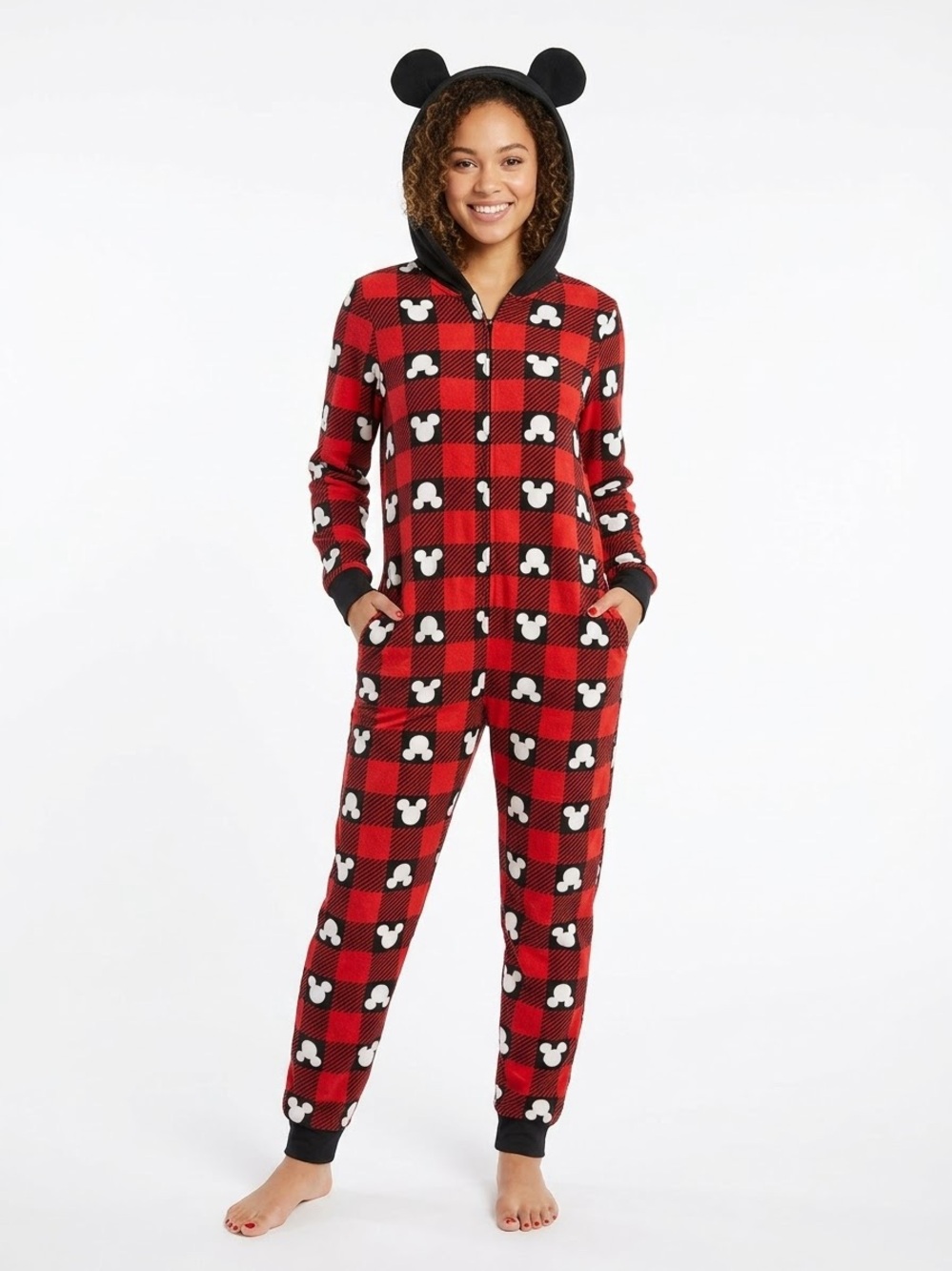 Disney Red Plaid Mickey Ear Hooded One-Piece Pajamas